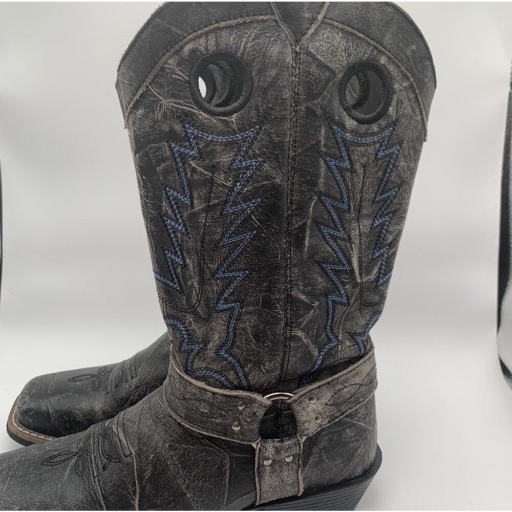 Smoky Mountain Youth Cowboy Boots Black Gray Distress Leather 3.5R Runs Big 4.5 - Picture 11 of 12